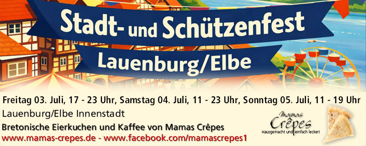 Mamas Crêpes wird vom 3.-5.7.2026, bei Stadt-, und Schützenfest Lauenbiurg dabei sein.